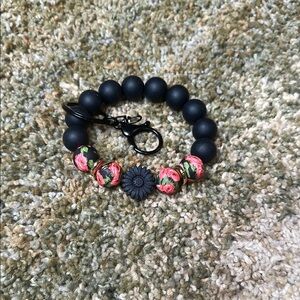 Wild Roses Black Red Pink Gold Keychain Bracelet Wristlet Black Hardware Silicon